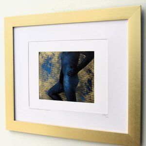 Male Nude Photography Hand tinted blue on Gold Leaf Paper, Framed, Original